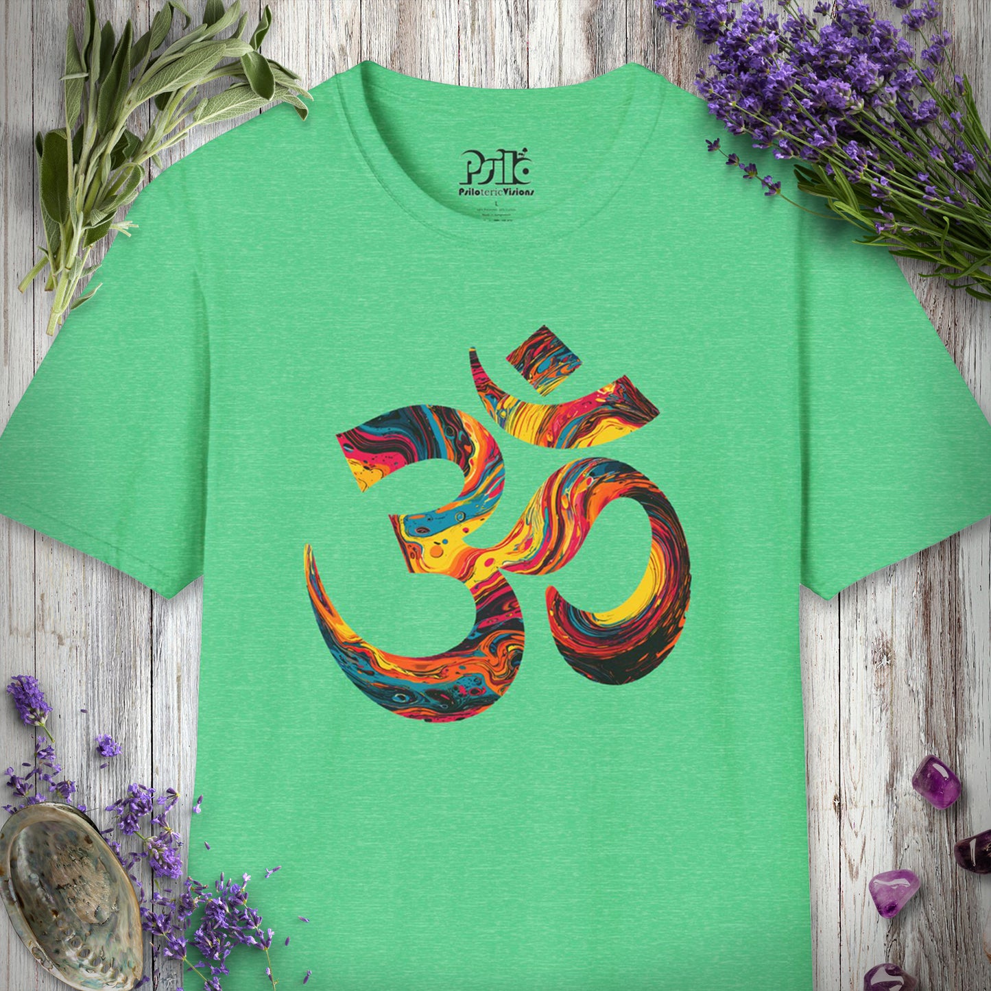 5D1000 "Liquid Light Om" T-SHIRT - Heather Irish Green