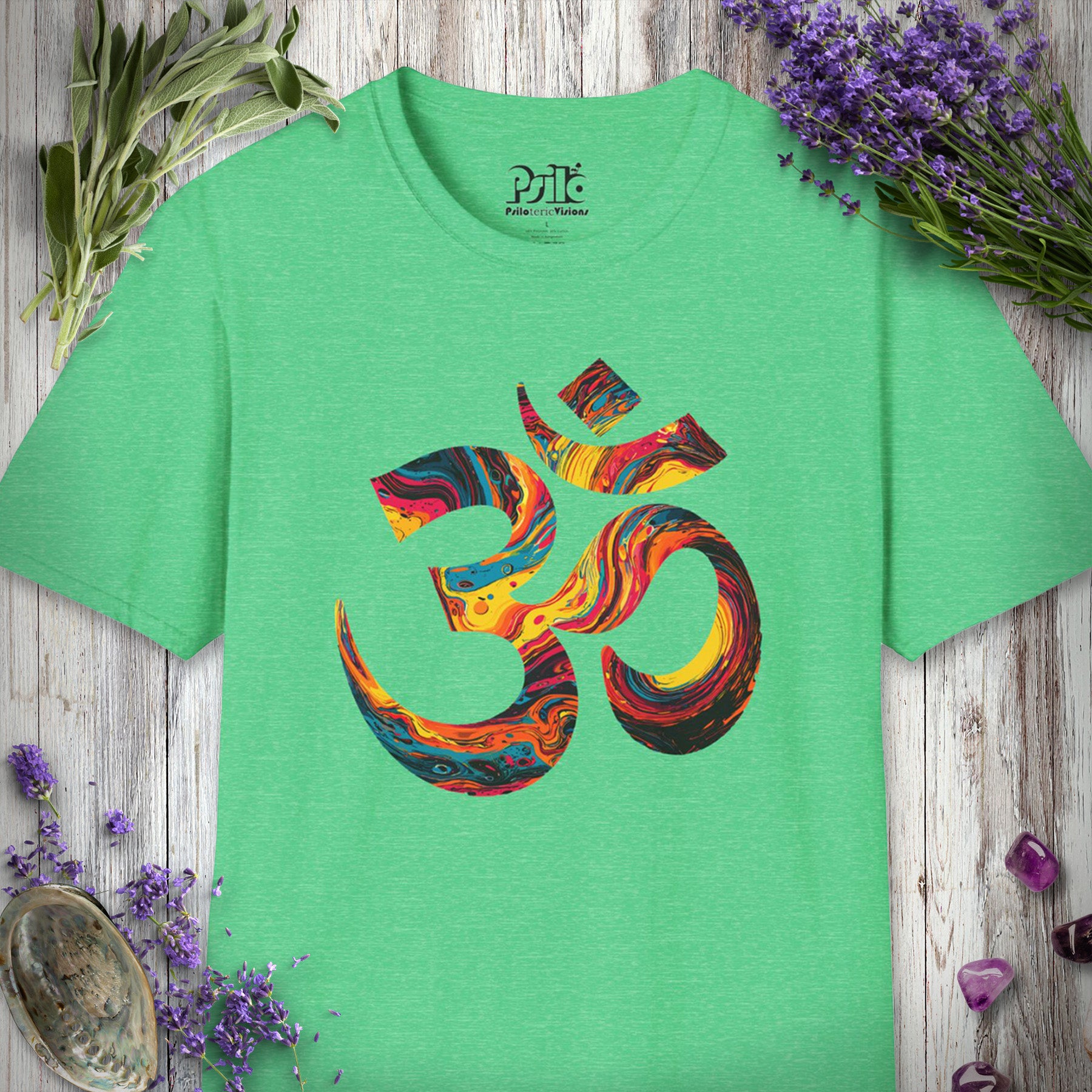 5D1000 "Liquid Light Om" T-SHIRT - Heather Irish Green