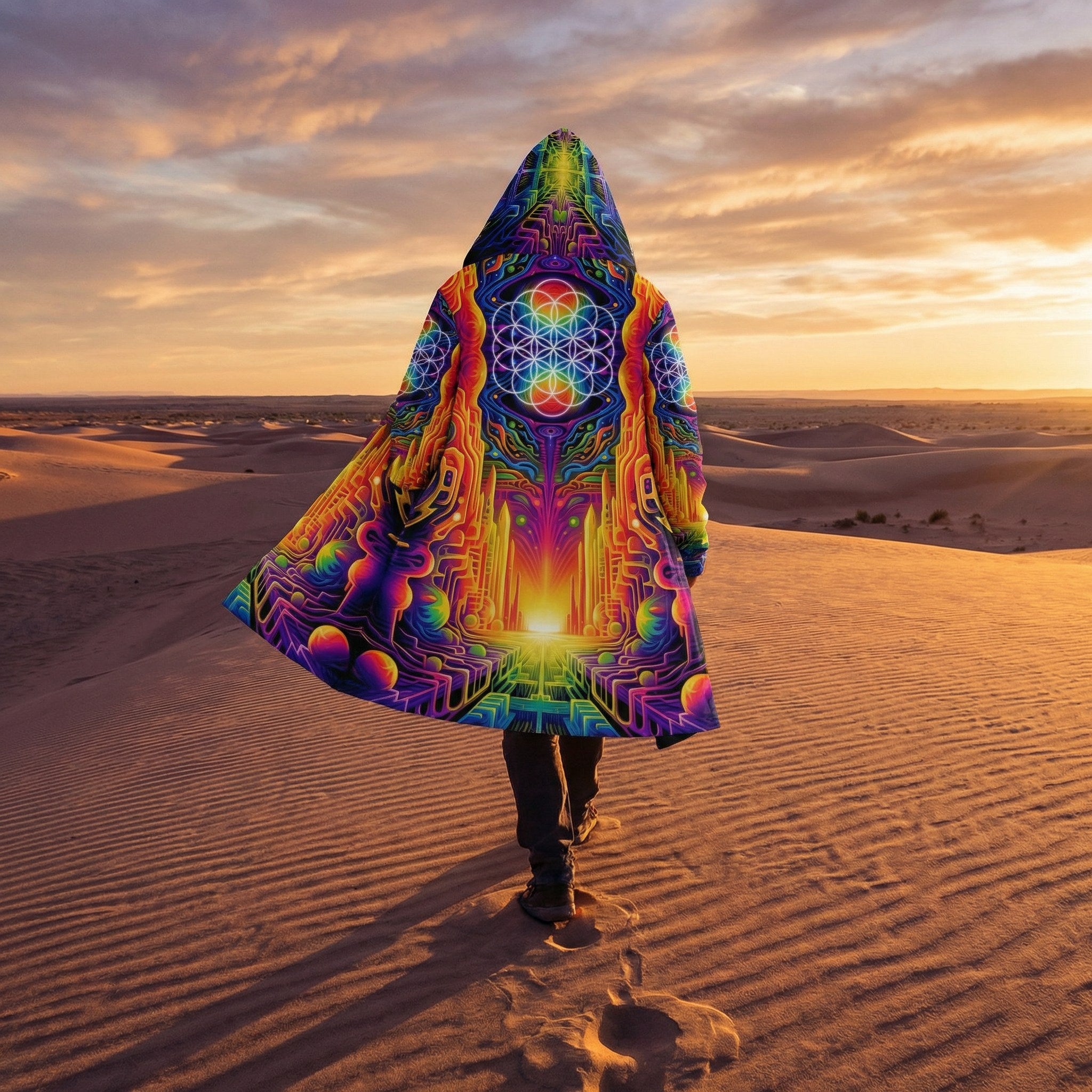 Man wearing a psychedelic hooded cloak walking across desert dunes at golden hour