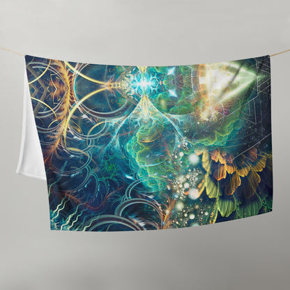 "Blossom" psychedelic flower throw blanket viewed straight on, corner to corner.