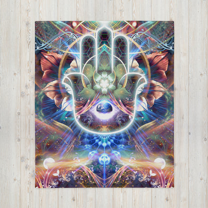 Front view of the "Divine Protection" throw blanket print laid flat on the floor