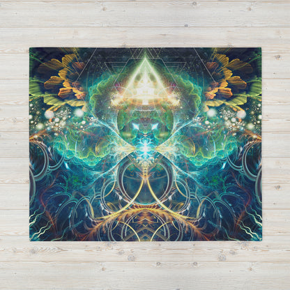 "Blossom" throw blanket shown flat, full psychedelic flower print visible.