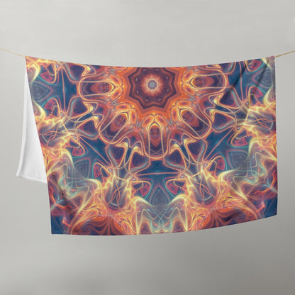 "Aquatic Rays" throw blanket flat lay showing the fractal mandala print in full.