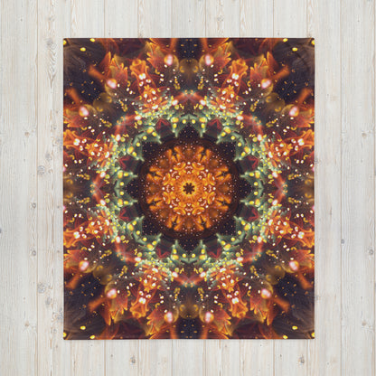"Autumn Bloom" throw blanket shown flat, full floral mandala print visible.