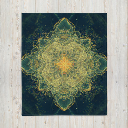 "Happy Thoughts" throw blanket shown flat, full fractal mandala print visible.