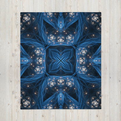 "Inner Sanctum" throw blanket shown flat, full fractal mandala print visible.