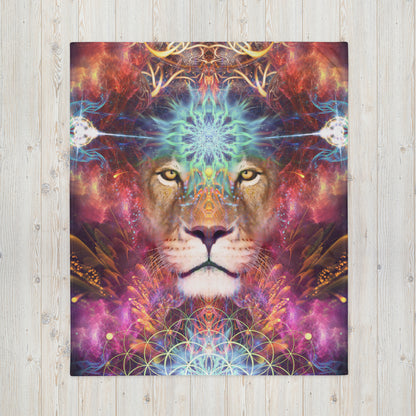 "Genesis" throw blanket shown flat, full lion visionary art print visible.