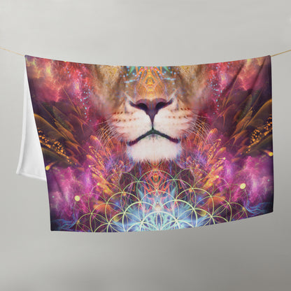 "Genesis" lion visionary art throw blanket viewed straight on, corner to corner.