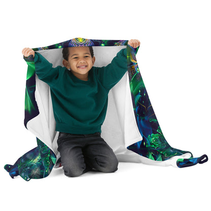 "Awakened" throw blanket shown flat, full floral mandala print visible.