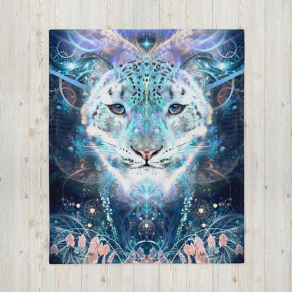 Full front view of the Solitude throw blanket spread out flat to show the entire snow leopard print.