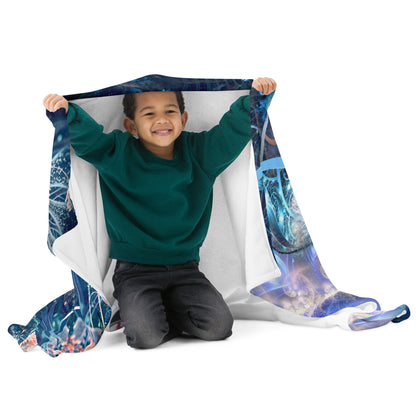 Straight-on front view of the Solitude throw blanket with the snow leopard artwork centered and unfolded.
