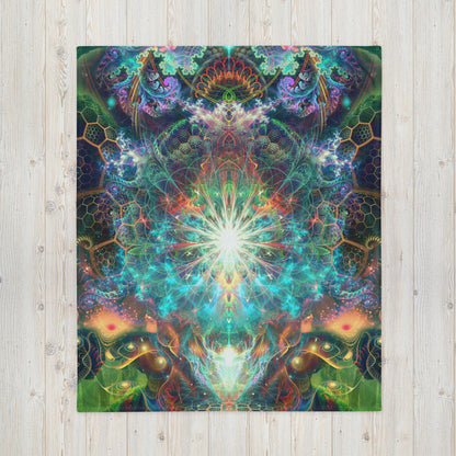 Front view of the Tree of Life throw blanket laid flat to display the full visionary art design.
