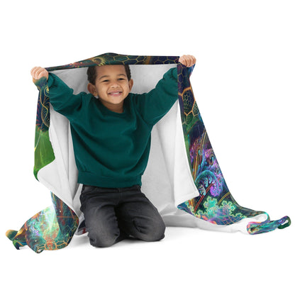 Front-facing view of the Tree of Life throw blanket spread out to show its psychedelic print edge to edge.