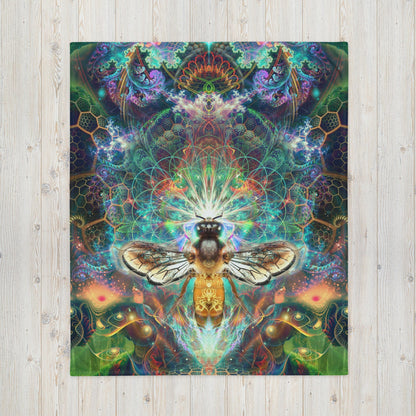 Flat front view of the To Bee or Not to Bee throw blanket displaying the psychedelic bee design edge to edge.