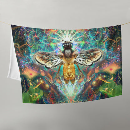 Close flat shot of the To Bee or Not to Bee throw blanket highlighting the vivid bee and honeycomb artwork.