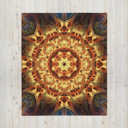Totem Sun fractal mandala throw blanket laid flat, displaying the symmetrical sun mandala design edge to edge.