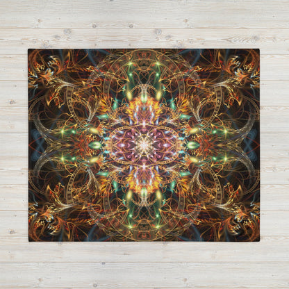 Another front view of the folded Sigil of Valor mandala throw blanket showing the print in full.