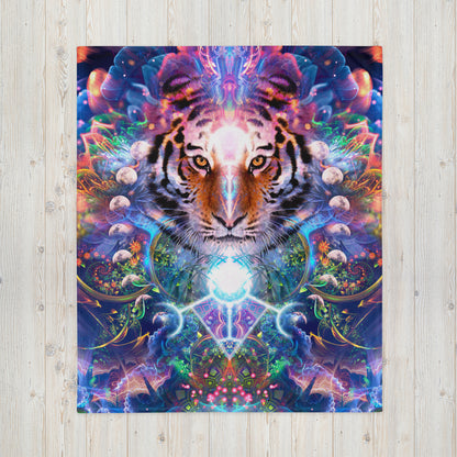Another front view of the folded Hunter's Moon tiger throw blanket showing the print in full.