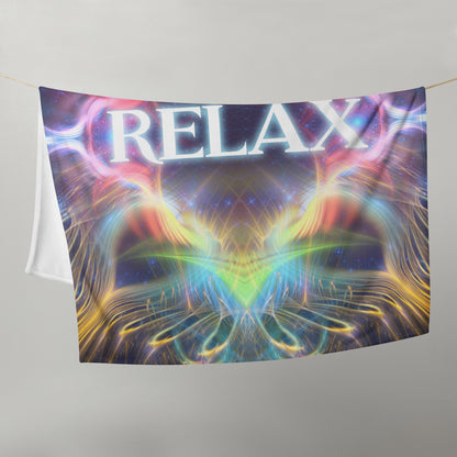 Full front view of the folded Relax fractal typography throw blanket displaying the design.