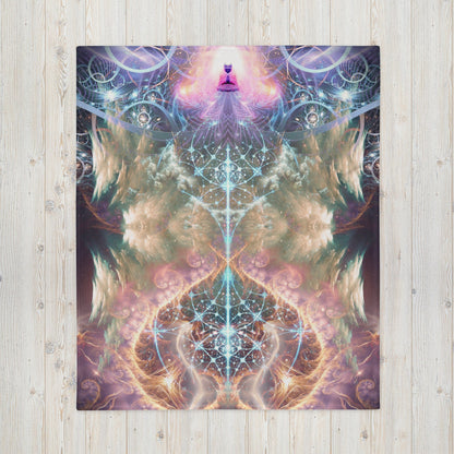 Another front view of the folded Alchemist's Breath Buddha throw blanket showing the print in full.