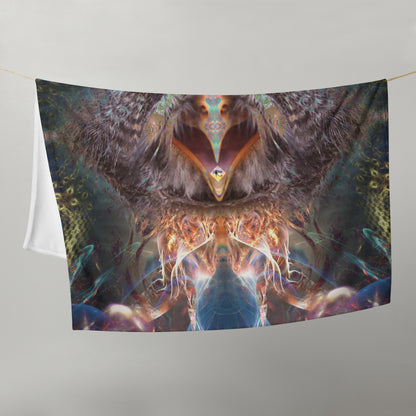Straight-on front view of the folded Complete Awareness trippy owl throw blanket.