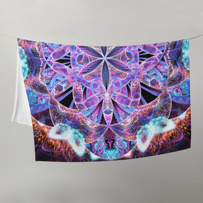 Straight-on front view of the folded Flower of Life fractal mandala throw blanket.