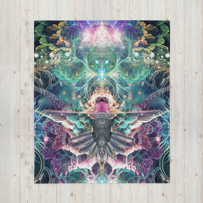 Another front view of the folded Nectar hummingbird spirit animal throw blanket showing the print in full.