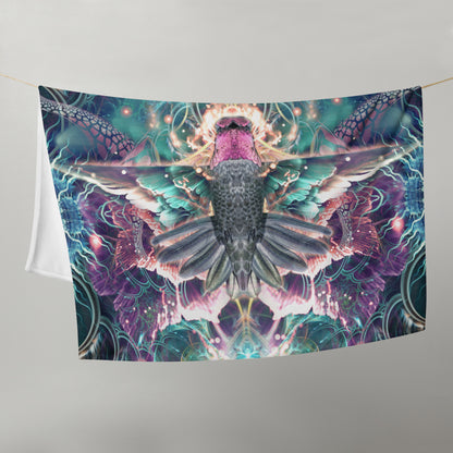 Full front view of the folded Nectar hummingbird spirit animal throw blanket displaying the design.
