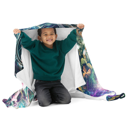 Straight-on front view of the folded Nectar hummingbird spirit animal throw blanket.