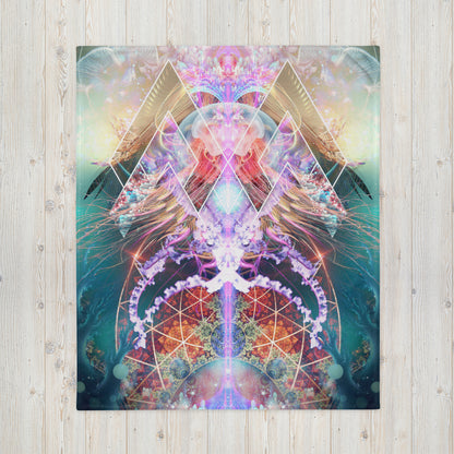 "Primordial Soup" throw blanket shown flat, full psychedelic jellyfish print visible.