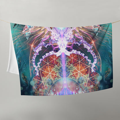 "Primordial Soup" psychedelic jellyfish throw blanket viewed straight on, corner to corner.