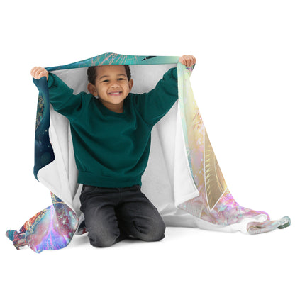 "Primordial Soup" throw blanket flat lay showing the psychedelic jellyfish print in full.