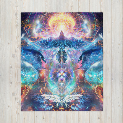 "Soul Seeker" throw blanket shown flat, full raven visionary art print visible.