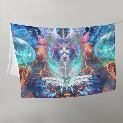 "Soul Seeker" raven visionary art throw blanket viewed straight on, corner to corner.
