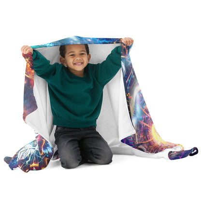 "Soul Seeker" throw blanket flat lay showing the raven visionary art print in full.