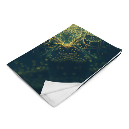 "Happy Thoughts" throw blanket photographed at an angle, showing print and fabric drape.
