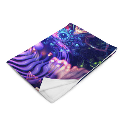 "Flow State" throw blanket photographed at an angle, showing print and fabric drape.
