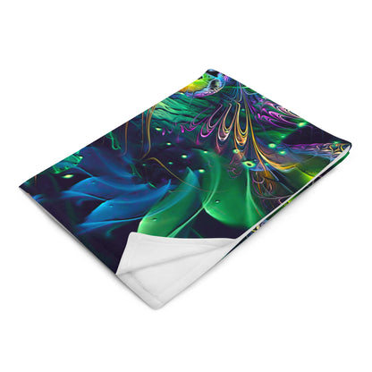 "Awakened" throw blanket photographed at an angle, showing print and fabric drape.