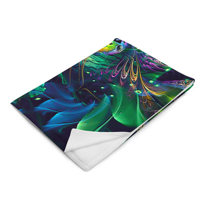 The "Awakened" throw blanket folded at an angle, showing the print and white backing