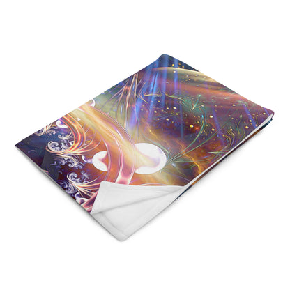 The "Divine Protection" throw blanket folded at an angle, showing the print and white backing