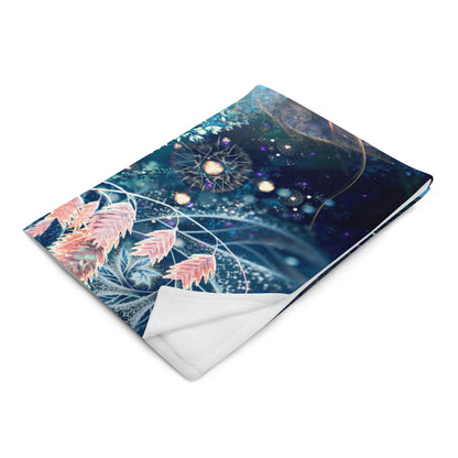 Angled left-front view of the Solitude throw blanket, showing the snow leopard print from the side.