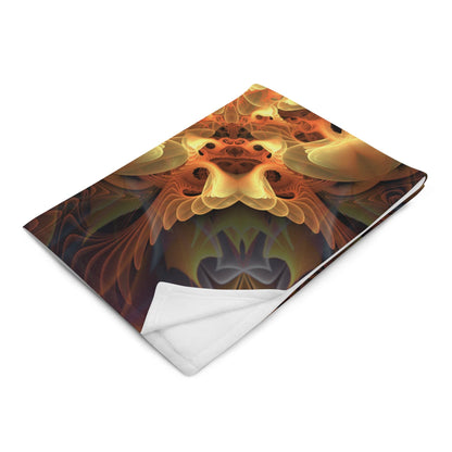 Angled left-front view of the Totem Sun fractal mandala throw blanket showing its drape and dimension.