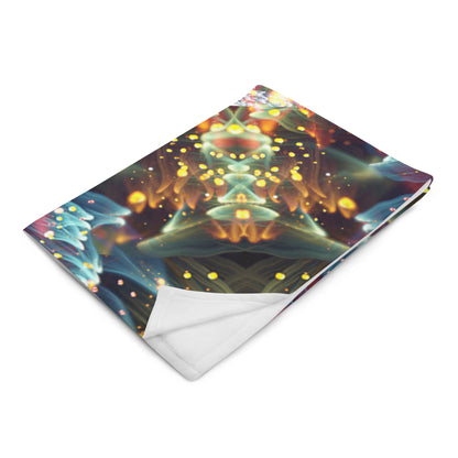 Angled front view of the folded Kaleidobloom fractal mandala throw blanket.