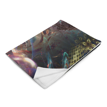 Angled front view of the folded Complete Awareness trippy owl throw blanket.