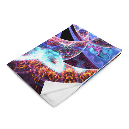Angled front view of the folded Flower of Life fractal mandala throw blanket.