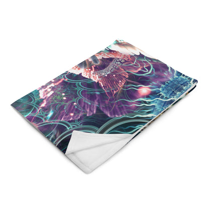 Angled front view of the folded Nectar hummingbird spirit animal throw blanket.