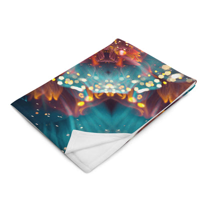 Angled front view of the folded Reaching for Light floral mandala throw blanket.