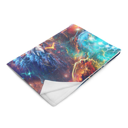"Soul Seeker" throw blanket photographed at an angle, showing print and fabric drape.