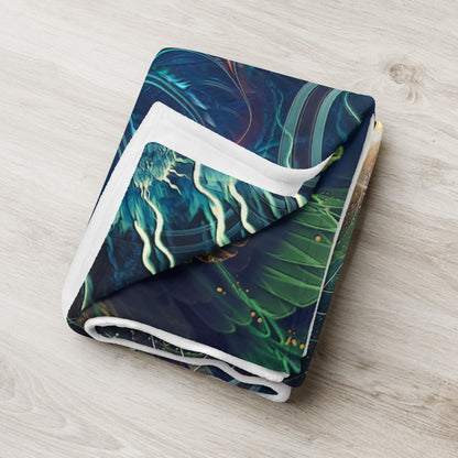 "Blossom" psychedelic flower throw blanket draped over a couch in a living room.