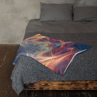 "Aquatic Rays" fractal mandala throw blanket draped over a couch in a living room.